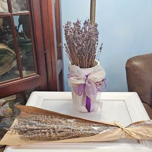 Lavender Bouquet with White Cement Cottagecore Vase and Purple Ribbon